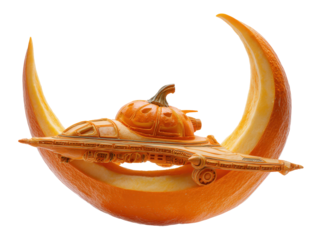 A futuristic Halloween spaceship with a jack-o-lantern cockpit intricately carved from an orange pumpkin and resting on a crescent moon.