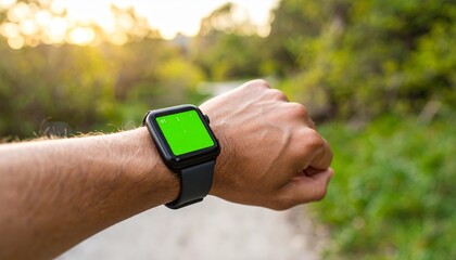 Close-up of a person's wrist wearing a smartwatch with a green screen while outdoors on a sunny day.