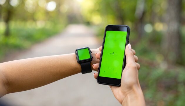 Close-up of a person's arm holding a smartphone with a green screen, next to a smartwatch, both set against a blurred outdoor path.