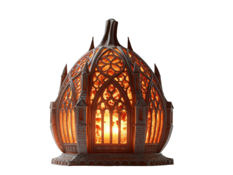 Ornate Gothic cathedral-style lamp with intricate tracery and a warm glowing interior.