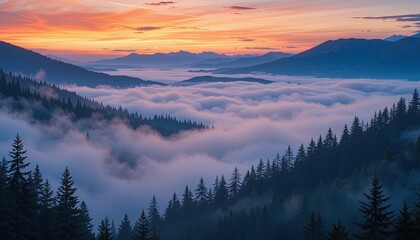 Obraz premium A breathtaking mountain vista at sunrise, showcasing a valley blanketed in a sea of soft, pastel-colored clouds.