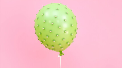 Green balloon covered with cactus prickles on pink background