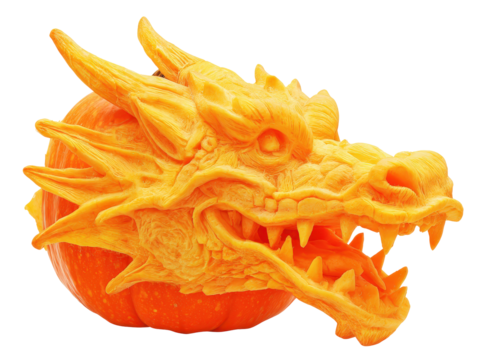 Intricately carved orange pumpkin shaped like a fierce dragon head with an open mouth and sharp teeth.