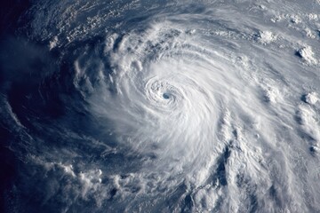 Aerial View of Powerful Hurricane Forming Over Ocean with Swirling Cloud Patterns and Stormy Weather Conditions