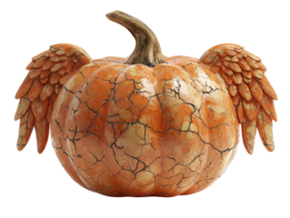 Artistic Orange Pumpkin Sculpture with Angel Wings and a Distressed Crackle Texture.