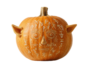 A mystical orange pumpkin carved with a face ancient runic symbols and pointed ears.