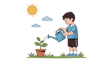A young boy waters a small plant in a terracotta pot under a bright sun, showcasing care for nature and the simple joy of gardening in a clean, white setting.