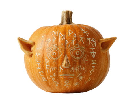 A mystical orange pumpkin carved with a face ancient runic symbols and pointed ears.