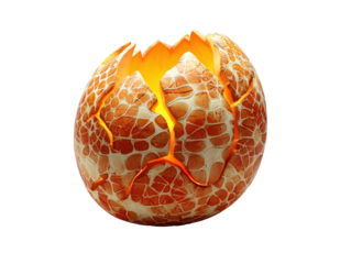 Mystical hatching dragon egg with a cracked scaly shell glowing with a warm fiery orange light from inside.