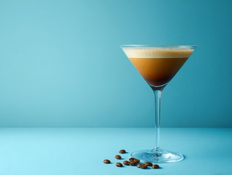 Elegant martini glass filled with coffee-flavored cocktail and garnished with coffee beans, set against a blue background in a flat lay arrangement