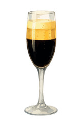 Watercolor black velvet cocktail, champagne flute with dark stout beer and sparkling wine. Vector isolated on white.