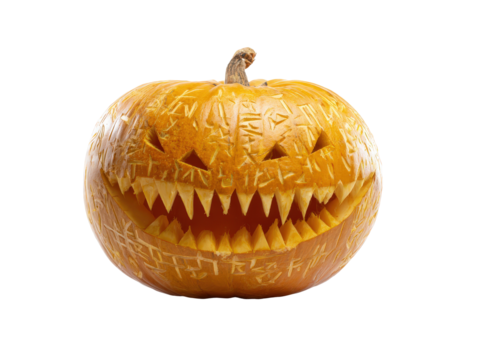 Intricately carved Halloween Jack-o-lantern with a scary face sharp teeth and etched symbols.