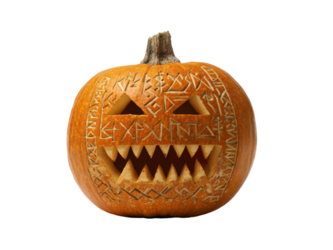 Scary Halloween jack-o-lantern with sharp teeth and intricate ancient rune carvings on its face.