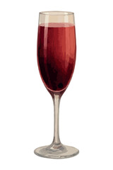 Watercolor kir royal cocktail, champagne flute with deep red sparkling wine and blackcurrant liqueur. Vector isolated on white.