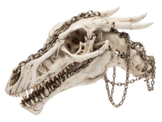 Detailed off-white dragon skull with sharp fangs and horns ensnared in a shiny metal chain.