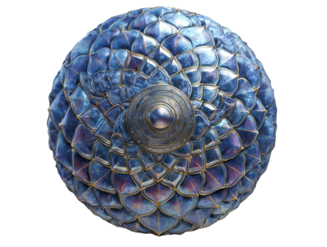 Ornate round fantasy shield with iridescent blue petal scales and a central boss.