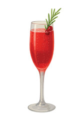 Watercolor poinsettia cocktail, flute glass with cranberry juice, champagne and rosemary garnish. Vector isolated on white.