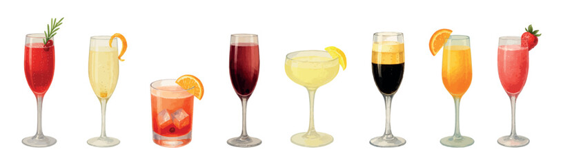 Watercolor cocktail set, 8 champagne and sparkling wine drinks illustrations - mimosa, kir royal, french 75, champagne cocktail, poinsettia, black velvet, rossini, negroni sbagliato. Isolated on white