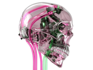 A transparent cybernetic skull in profile revealing intricate pink and green inner mechanics and tubes.