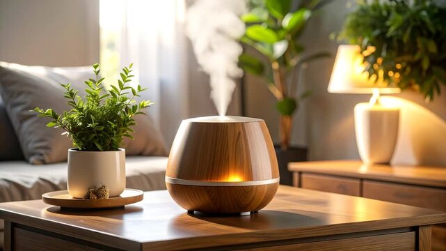Aromatic diffuser on a wooden coffee table