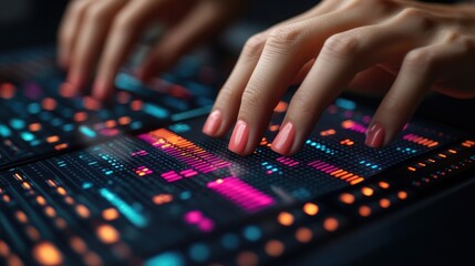 Close-up of hands typing on a futuristic digital interface