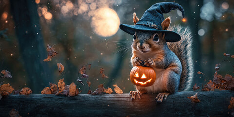 Furry woodland creature donning witchy headwear, perching on wooden log near glowing pumpkin amid dark forest, scattered autumn leaves suggesting festive Halloween mood
