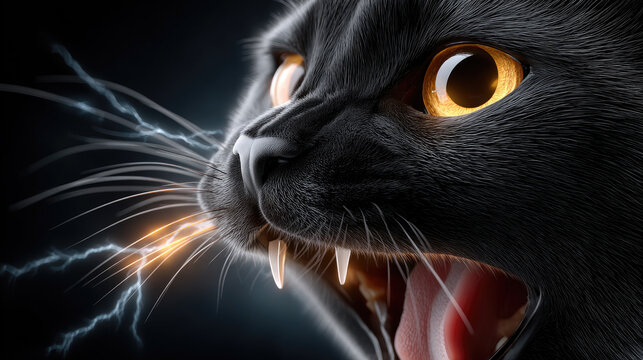 Black cat snarling with razor-sharp fangs, piercing yellow eyes, electrical sparks crackling from bristling whiskers against dark shadowy background evoking supernatural Halloween mood