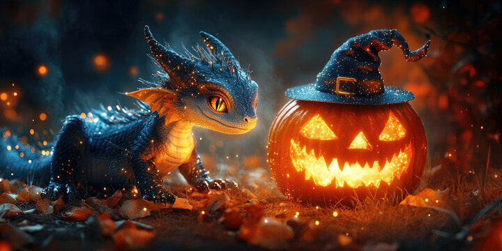 Magical blue dragon enjoying Halloween festivities, dancing near glowing jack-o'-lantern wearing witchy headgear within sparkling enchanted woodland setting