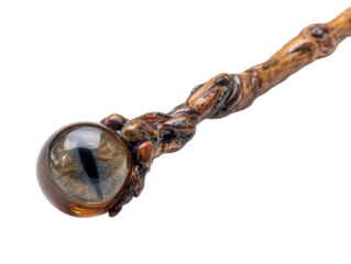 A fantasy magic wand with a gnarled wooden claw gripping a glass orb containing a realistic reptilian eye.