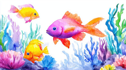 Naklejka premium Colorful fish swim in vibrant underwater scene filled with coral and seaweed, creating lively and enchanting atmosphere