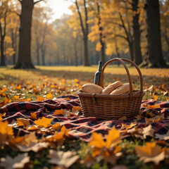 Picnic Basket with Bread and Bottle on Blanket in Autumn Park