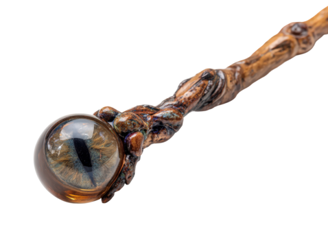 A fantasy magic wand with a gnarled wooden claw gripping a glass orb containing a realistic reptilian eye.