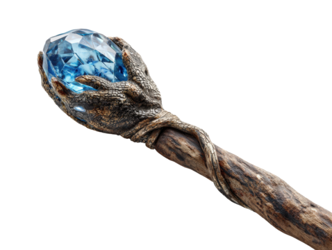 Ornate magical staff with a scaly dragon claw grasping a large faceted blue crystal.