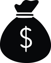 A simple black silhouette icon of a money bag with a prominent white dollar sign symbolizing wealth and financial gain