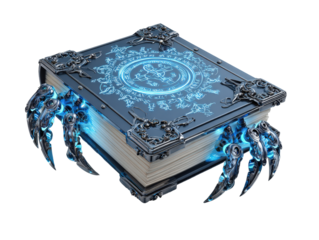 Enchanted Grimoire with Glowing Blue Runes and Ornate Mechanical Spider Legs.