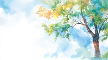 Vibrant watercolor painting of tree with lush green leaves and hints of yellow, set against soft blue sky. artwork evokes sense of tranquility