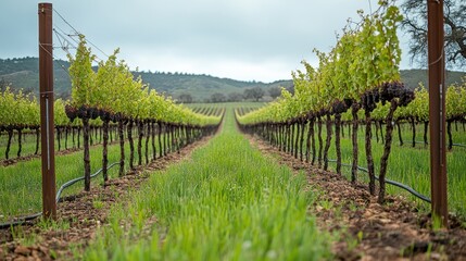 Naklejka premium Rows of grapevines in a vineyard, leading to distant hills under a cloudy sky