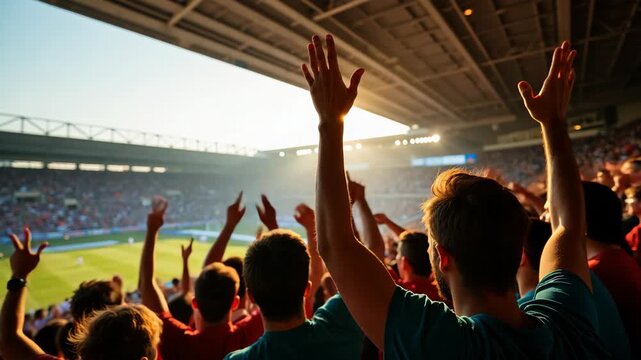 Excited crowd cheers on team in large stadium filled with spectators during sports event. Group of people gathered together, raising arms, showing enthusiasm for game.