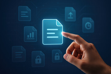 Hand pointing at glowing digital document icon with various file and security symbols