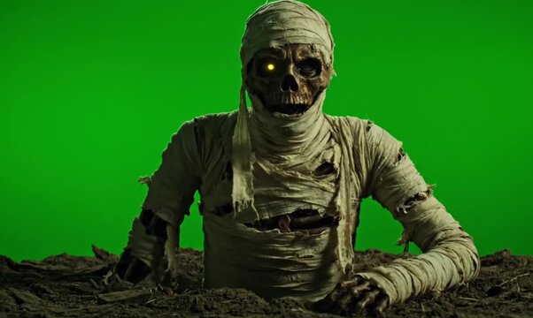 Creepy mummy wrapped in torn bandages, rising slowly from the ground, empty eyes glowing faintly, cinematic horror lighting, full green screen background no shadow no gradien only one color