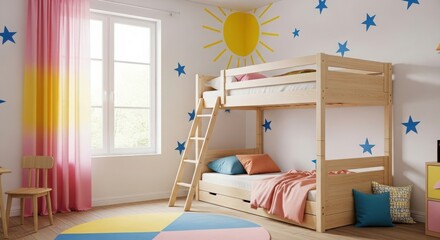 Wooden bunk bed in bright childs room with star wall decor playful interior high quality professional