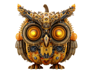 Intricate steampunk mechanical owl with glowing yellow eyes and integrated pumpkin decorations.