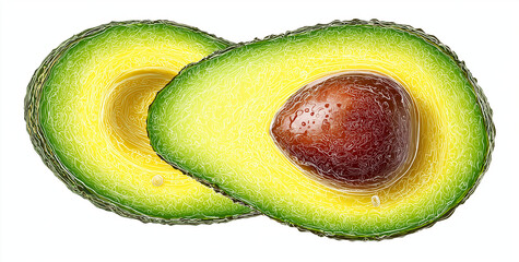 A close up of two avocado halves, one with the pit, on a white background, showing the green flesh and seed