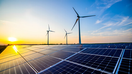 Solar Panels and Wind Turbines Reflecting a Golden Sunset Sky