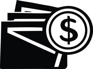 Stylized black and white icon of a wallet with a dollar coin symbolizing financial transactions and wealth