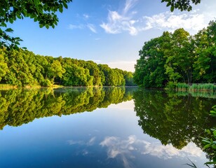 Fototapeta premium Serene lake in a lush forest at dawn