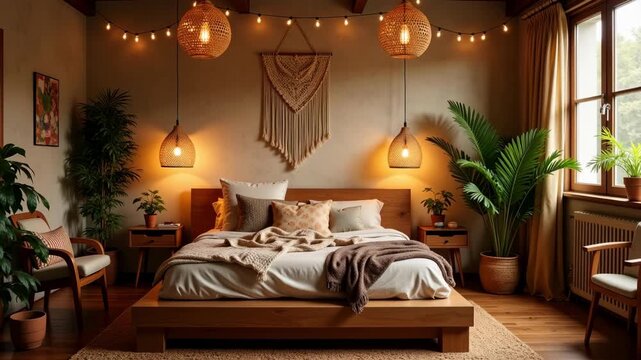 A cozy and inviting bedroom interior with a bohemian style and warm lighting