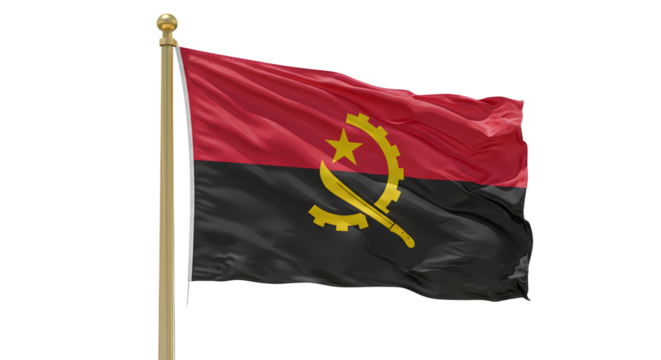 Angola national flag waving on flagpole isolated on white background, symbol of Angola, perfect for international events and cultural presentations