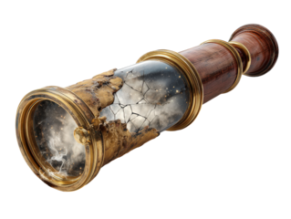A fantastical antique telescope broken and crumbling containing a cracked glass galaxy with stars and smoke.