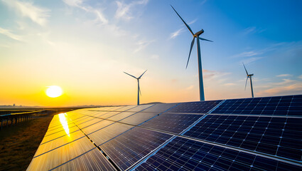 Solar Panels and Wind Turbines Reflecting a Golden Sunset Sky